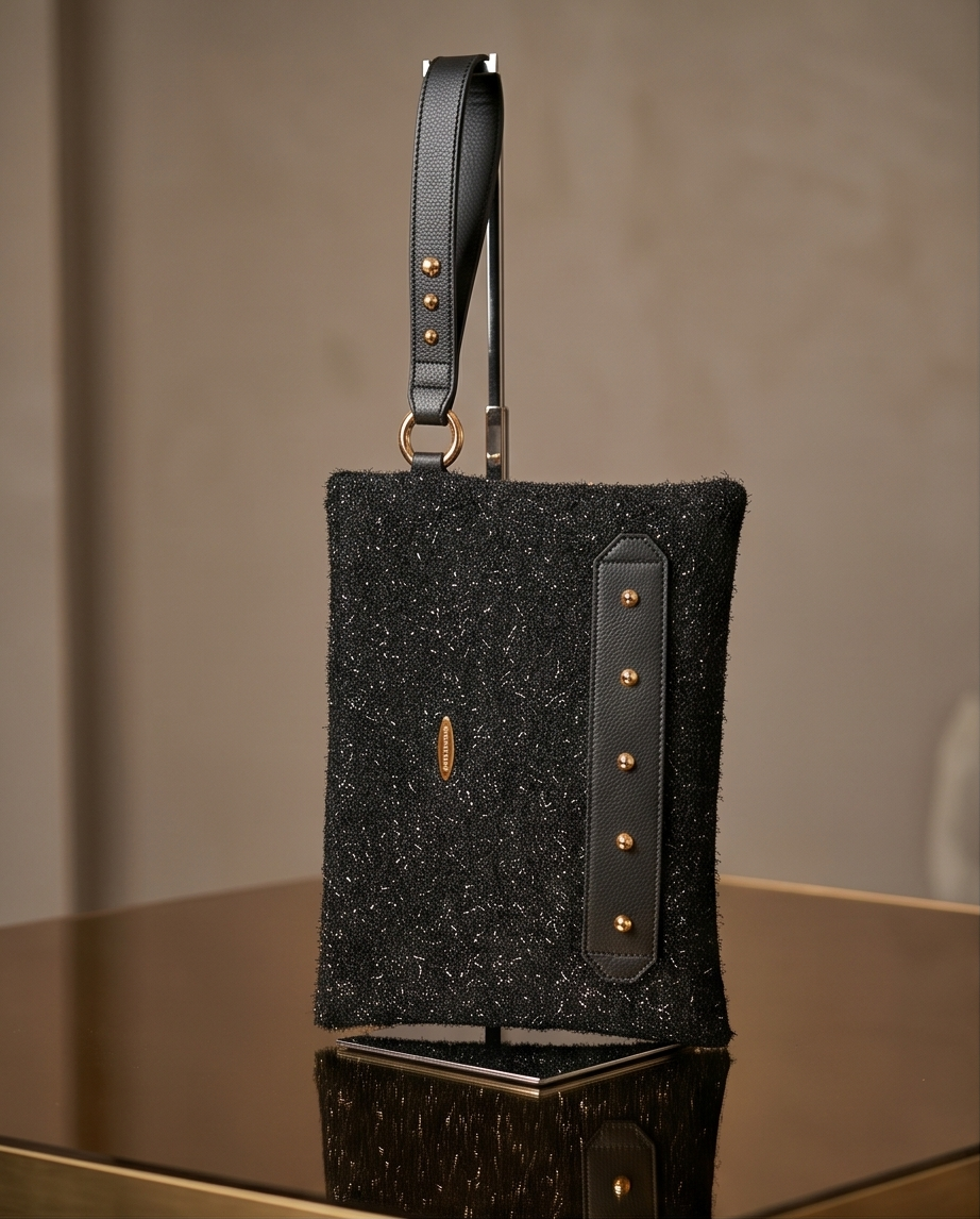 Black textured clutch bag with a studded leather wrist strap from the Jungle Rock collection by Rita Cordini.