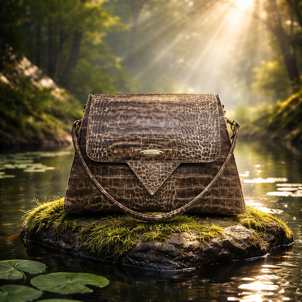 Brown crocodile embossed handbag with a flap closure from the Jungle Rock collection by Rita Cordini, resting on a stone in a sunlit forest.
