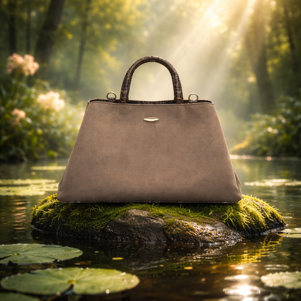 Taupe suede tote bag with crocodile embossed handles by Rita Cordini, displayed on a mossy rock in a natural forest setting.